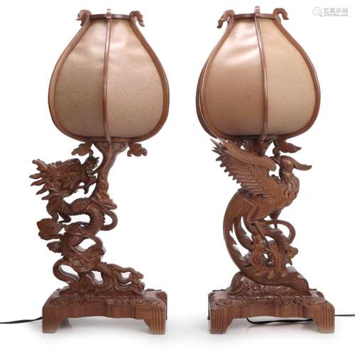 CHINESE WOOD CARVED LAMPS PAPER SHADES