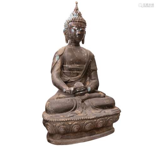 LARGE BRONZE GUAN YIN ON CONCRETE BASE