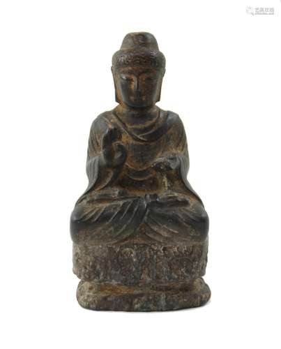 CHINESE STONE SEATED BUDDHA WITH TRACES OF GOLD