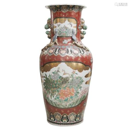 CHINESE FAMILLE ROSE RED GROUND TEMPLE SIZE VASE