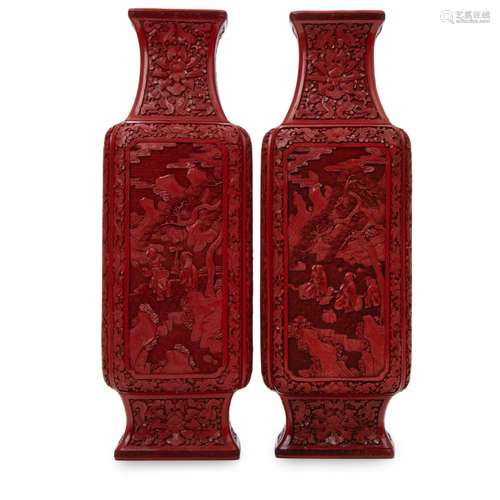 CHINESE CINNABAR LACQUER SQUARE VASE PAIR