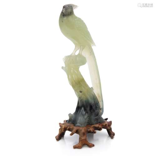 CARVED JADE BIRD ON BRANCH