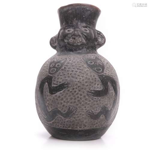 PRE-COLUMBIAN CHIMU BLACKWARE FACE BOTTLE