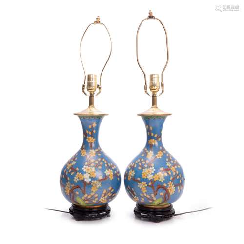 PAIR OF CHINESE BLUE CLOISONNE LAMPS