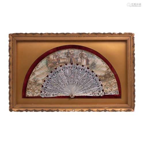 FRENCH FRAMED AND PAINTED MOTHER OF PEARL FAN