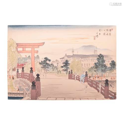 JAPANESE WOOD BLOCK PRINT OF BRIDGE