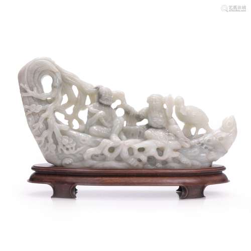 LARGE JADE BOAT WITH IMMORTALS, Signed