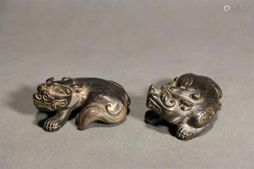 Pair of Bronze Ritual Paper Weight Beasts