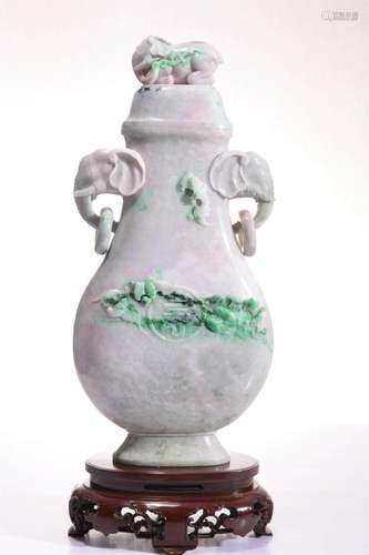 Jadeite Elephant-Eared Vase and Cover