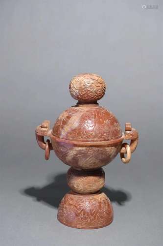 Carved Agate Apsaras Vessel and Cover