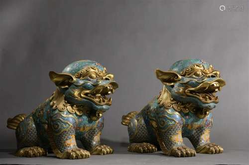 Pair of Cloisonne Enamel Lions Statues