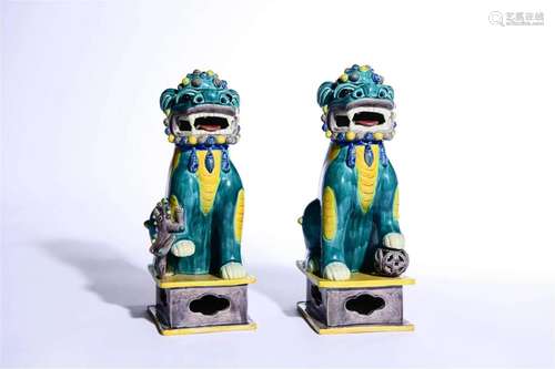 Pair of Longevity Sancai-Glazed Lion Statues