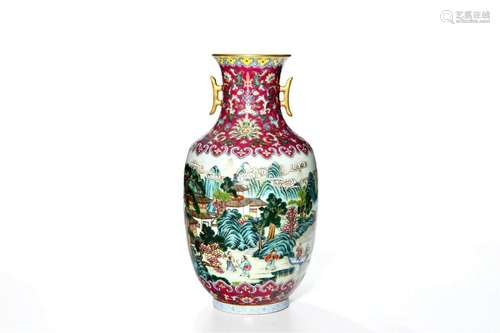 Famille Rose Figure&Landscape Double-Eared Vase