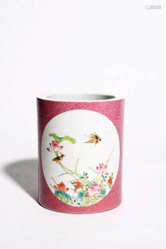 Famille Rose Enclosing Flower and Bird Brushpot