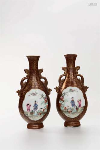 Pair of Gilt-Inlaid Famille Rose Enclosing Figure Wall Vases