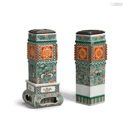 A PAIR OF FAMILLE-VERTE SQUARE-SECTION VASES Late Qing dynas...