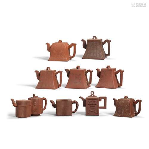 A GROUP OF NINE FACETED YIXING TEAPOTS AND COVERS 19th/20th ...