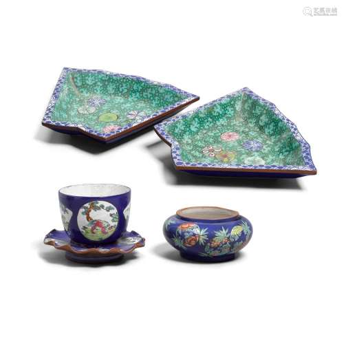 A GROUP OF FIVE ENAMELED YIXING VESSELS 19th/20th century