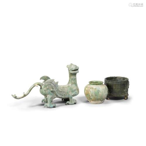 TWO GLAZED VESSELS AND A BRONZE MODEL OF A BIXIE