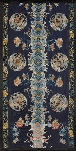 AN EMBROIDERED NAVY-GROUND SILK PANEL 19th century