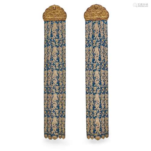 A PAIR OF LARGE GILT-WOOD AND SILK TEMPLE BANNERS 19th centu...