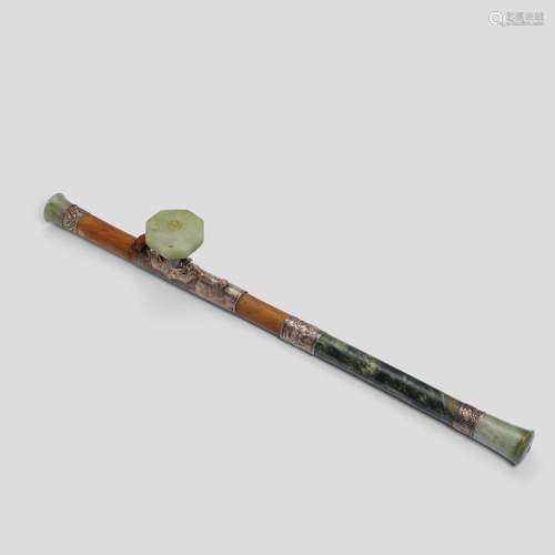 A HARDSTONE-EMBELLISHED WOOD OPIUM PIPE 20th century