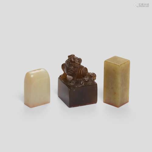 TWO SOAPSTONE SEALS AND ONE JADE SEAL Qing dynasty