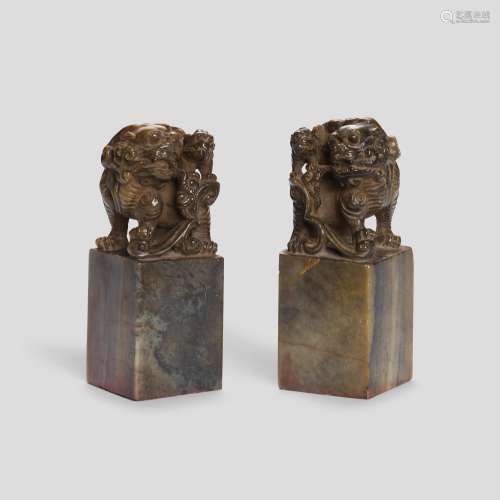 A PAIR OF LARGE SOAPSTONE SEALS Qing dynasty