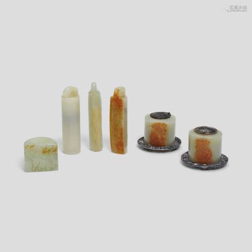 A GROUP OF SIX CELADON JADE ACCESSORIES