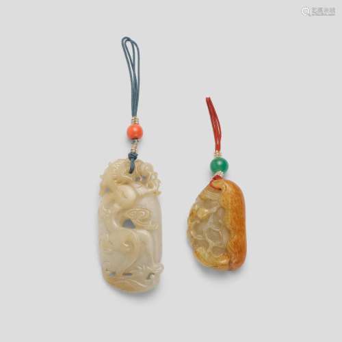 TWO CELADON JADE PENDANTS 'Bat and gourd' pendant: l...