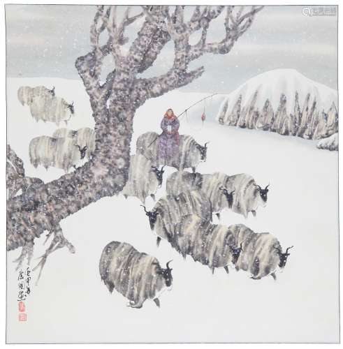 FENG QINGGUO (B.1946) Shepherd and Yak in the Snow