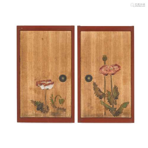 A PAIR OF PAINTED WOOD CUPBOARD DOORS Edo Period (1605-1868)...