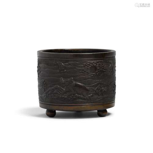 A JAPANESE BRONZE 'ANIMALS AND SEA' CENSER Edo Perio...