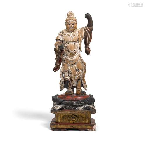 A POLYCHROME GESSO AND GILT WOOD GUARDIAN FIGURE Edo Period ...