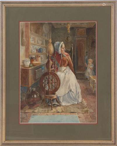 Signed H Woolley, woman at a spinning wheel