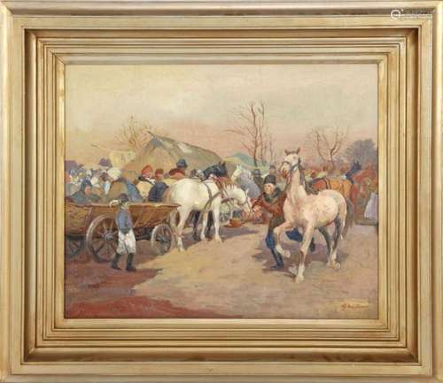 Signed G Berghauer, scene with horses, many people