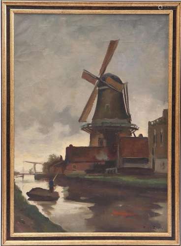 Signed C de Zeeuw, Dutch landscape with windmill