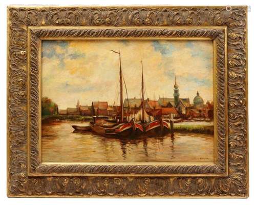 Signed E Verpoort, harbor view with moored boats