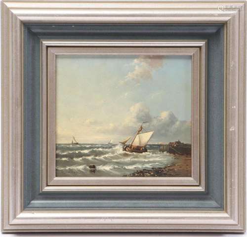 Signed H J Baas, ships in front of the harbor head