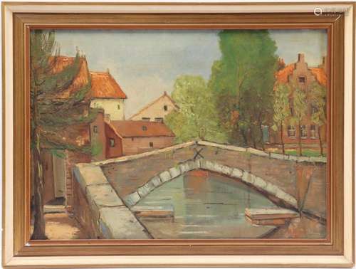 Signed H Hijning, Cityscape with bridge