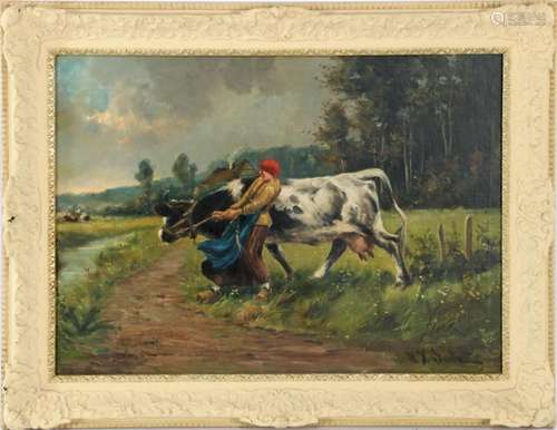 Unclearly signed, farmer's wife with cow