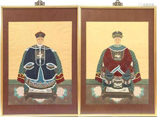 2 framed scrolls of Chinese man and woman