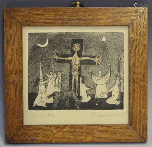 Anne Wienholt - Crucifixion, 20th century etching with hand-...