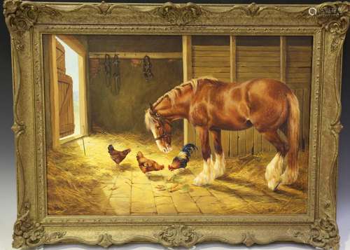 Donna Crawshaw - Shire Horse in a Stable with Hens, 20th cen...