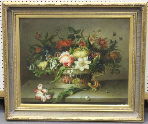 After Bosschaert - Still Life of Flowers in a Basket on a Le...