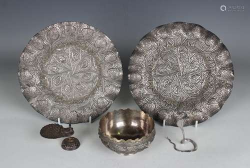 A small group of Indian silver items, comprising two circula...