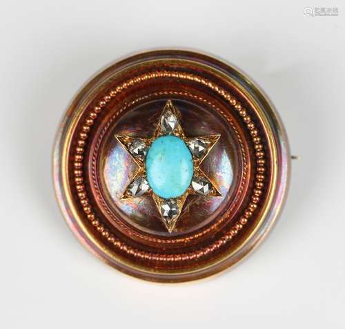 A Victorian gold, rose cut diamond and turquoise brooch of c...