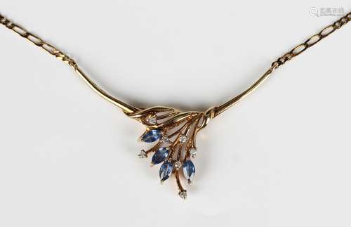 A gold, sapphire and diamond pendant necklace, the front mou...