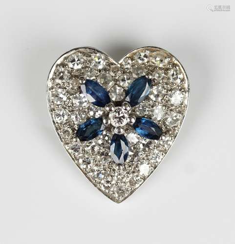 A French 18ct white gold, sapphire and diamond heart shaped ...