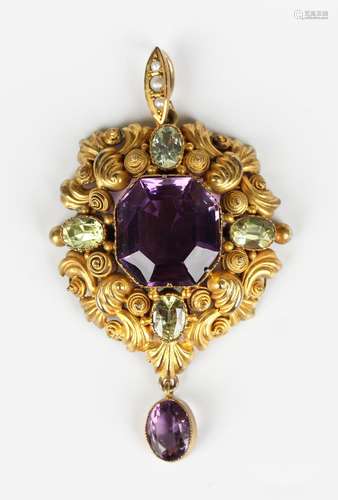 A gold, amethyst, peridot and seed pearl pendant, the centra...